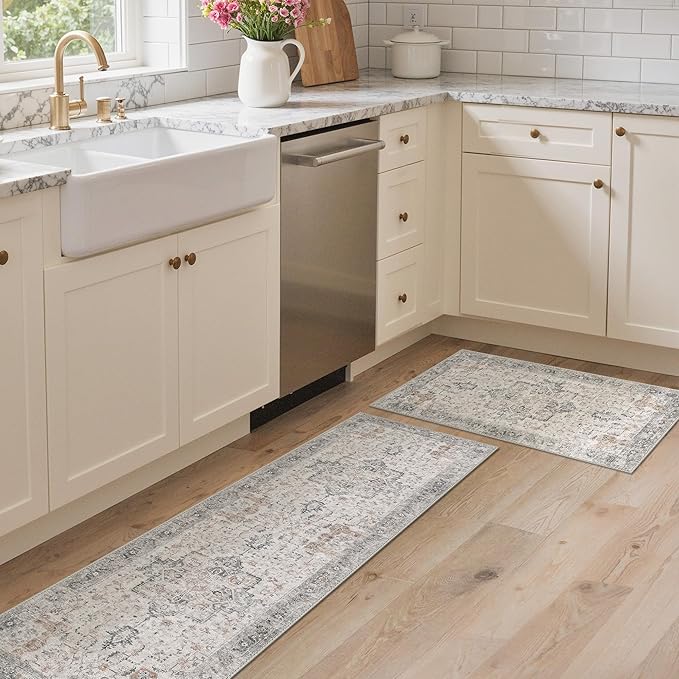 GENIMO Runner Rug 2PCs, Machine Washable Non Slip Vintage Hallway Runner Rug 17.3"x59"+17.3"x30", Low Pile Lightweight Rugs for Indoor Entryway, Hallway, Kitchen and Corridor, Light Taupe Brown
