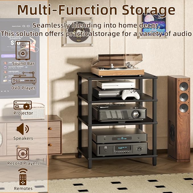 LELELINKY 4-Tier AV Media Player Stand Set of 2, Black Stereo Cabinet, Wooden TV Stand,Game Console Shelf, Multifunctional Entertainment Center, Suitable for Home, Conference Room, Game Studio