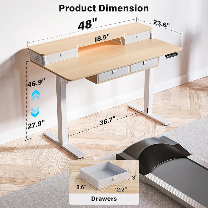 Kingant 48 x 24 Inch Electric Standing Desk with 4 Drawers, Height Adjustable Sit to Stand Computer Desk with Storage Shelf and C-Clamp Mount Compatibility for Home Office, Nature