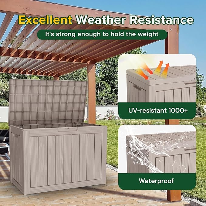 Yardgrace 45 Gallon Patio Storage Box - Waterproof Deck Box for Outdoor Toys, Space-Saving Resin Chest with Lock for Cushions & Pool Gear, UV-Resistant, Ash Grey