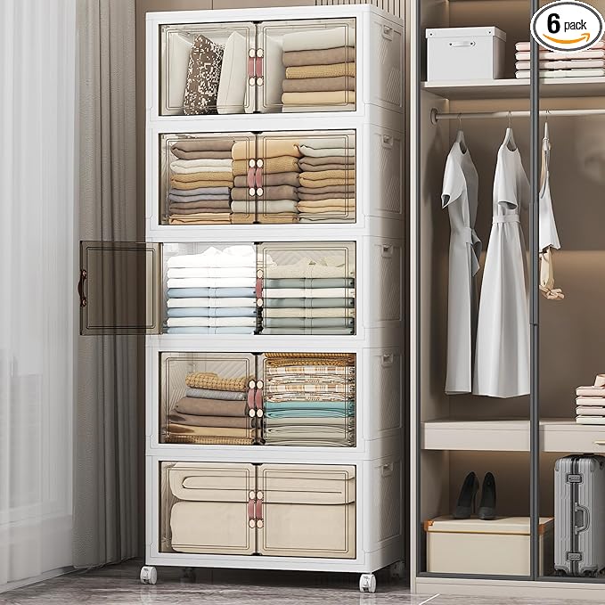 UAMFURI Extra Large Stackable Storage Bins with Lids & Wheels & Door, 560QT-112QT/28GAL*5Pack Foldable Collapsible Closet Organizers, Plastic containers drawers for bedroom Dorm