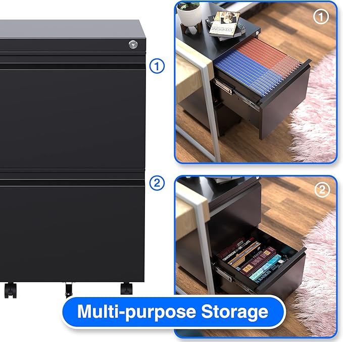 METAN 2 Drawer File Cabinet with Lock, Mobile Under Desk Filing Cabinet for Office Legal/Letter Size, Fully Assembled Except Wheels,Black