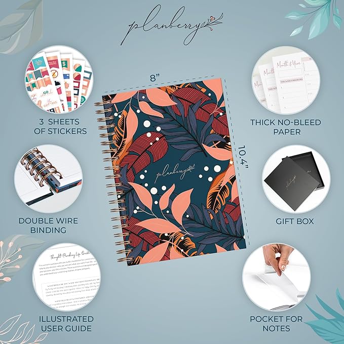 PLANBERRY Large Hourly Schedule Planner Premium – Undated Organizer for Productivity, Time Management & Budget, 8x10.4″ (Tropical Night)