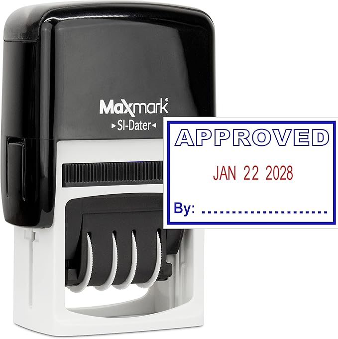 MaxMark Office Self Inking Date Stamp with Phrase Approved - 2 Color Blue/Red Ink