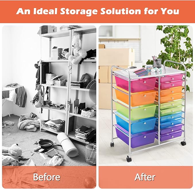 LDAILY 15 Drawer Rolling Storage Cart, Rolling Cart with Drawers for Classroom, Art Supply Craft Organizer on Wheel with Metal Frame & Handles for Home Office School