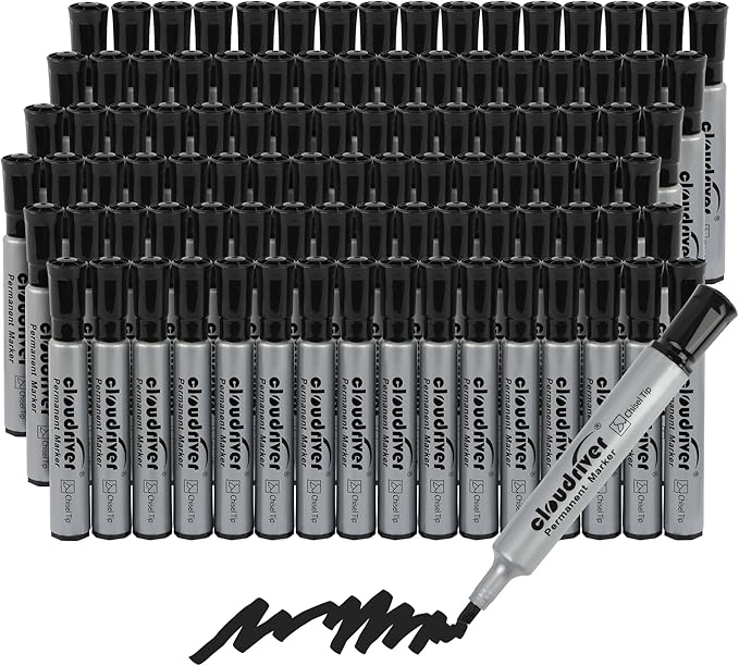 cloudriver Permanent Markers 96 Count, Black Permanent Marker Bulk Set, Chisel Tip, Premium Smear Proof Markers, Quick Drying Ink, Waterproof, Office Supplies for School, Office, Home