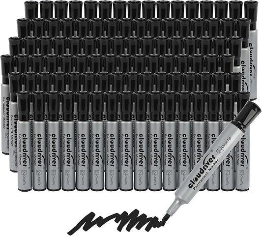 cloudriver Permanent Markers 96 Count, Black Permanent Marker Bulk Set, Chisel Tip, Premium Smear Proof Markers, Quick Drying Ink, Waterproof, Office Supplies for School, Office, Home
