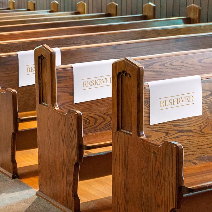 Buryeah 6 Pcs Reserved Seating Signs for Chairs Church Pew Reserved Chair Signs Placeholder with Printed Words for Weddings Parties Celebrations Receptions Church or Event (White,Gold)