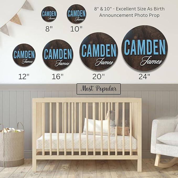Custom Round Nusery Name Sign, Personalized 3D Baby Name Announcement Sign, Personalized Wooden Wall Plaque, 3D Wall Art for Children & Kids Rooms, Family Name Signs, 30 Colors (Design 7)