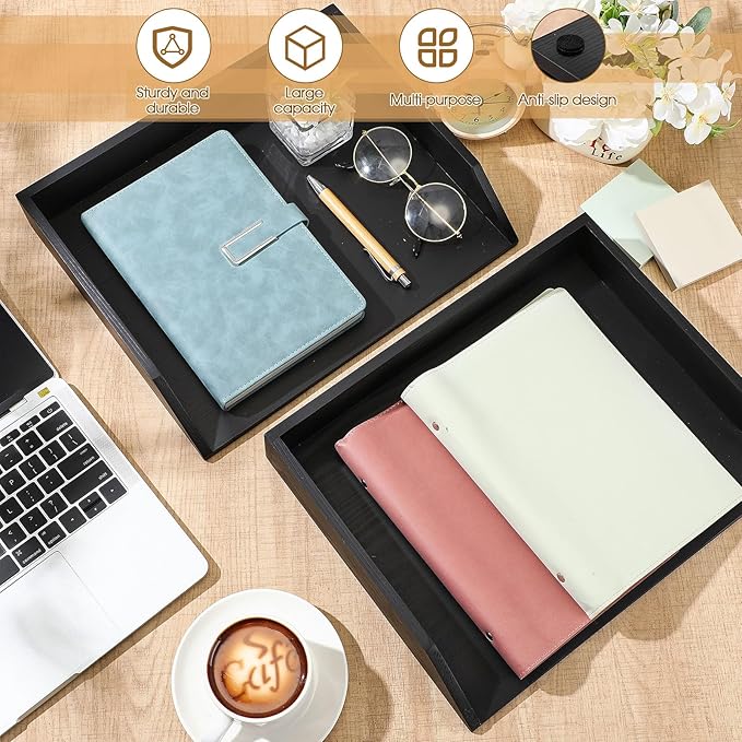 Beeveer 2 Pcs Wooden Letter Trays Wood Letter-Size Desk Organizer Heavy Duty 2 Tier Stackable Supports Paper Tray Desktop Drawer Organizer File Folder Magazine Office Accessories (Black)