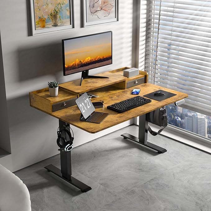 ExaDesk 48 x 30 Inch Electric Standing Desk with 2 Drawers, Adjustable Height Widened Stand Up Desk with Storage, Sit to Stand Ergonomic Workstation for Home Office, Rustic Brown