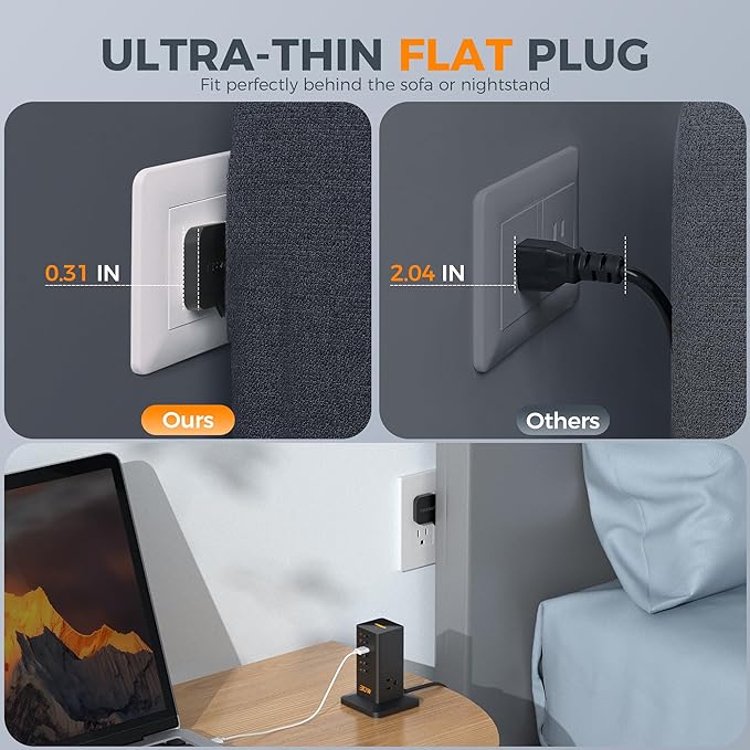 Charging Station 30W, TESSAN 9-in-1 Charger Blocks for iPhone 17/16/15/14, Tablets, Earphone with Surge Protector, 5ft Flat Extension Cord with 4 USB A, and 2 USB C for Home, Office, Dorm, Black