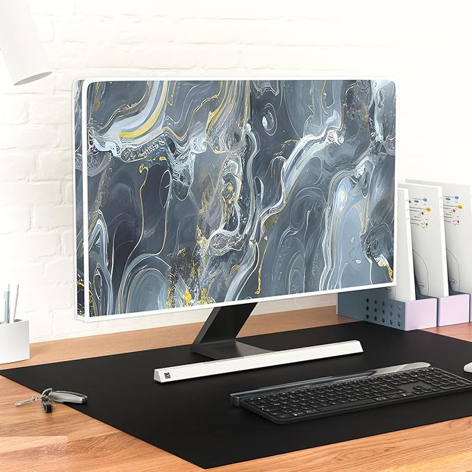 Baocicco Gray Gold Marble Waterproof 22, 23, 24, 25 Inch Anti-Static Dustproof LCD/LED/HD Aesthetic Texture Computer Screen Cover Decor Full Body Cover for Computer Screen Desktop PC Tower Protector