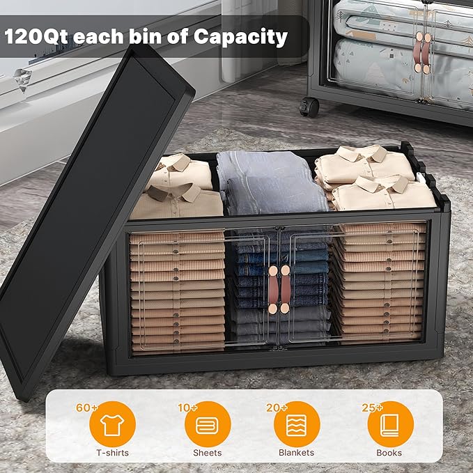 UAMFURI Extra Large Stackable Storage Bins with Lids & Wheels & Door, 560QT-112QT/28GAL*5Pack Foldable Collapsible Closet Organizers, Plastic containers drawers for bedroom Dorm