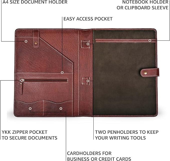 Leather Village Leather Portfolio Organizer - Professional Business Padfolio for Men & Women - Stylish Document Card Holder, Resume Folder, Folio for A4/Letter Size Writing Legal Pad, Red