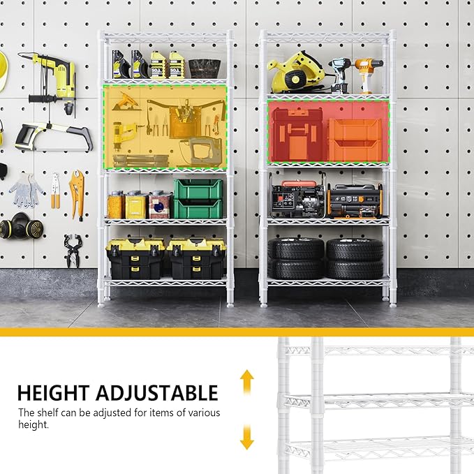M MZG 1250 lbs 5 Tier Shelf Metal Storage Shelves Wire Rack Closet Organizers for Garage Kitchen Bathroom Laundry White 11.8" D x 29.5" W x 59.5" H