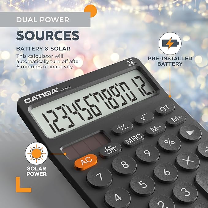 CATIGA 12 Digit Desktop Calculator with Large LCD Display, 4 Funtions Calculator, Round Design Big Button, Solar and Battery Dual Power, Standard Function for Office, Home, School, SD-1292