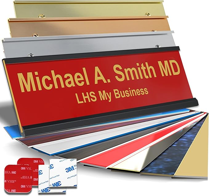 Personalized Name Plate with Choice of Mounting Holders for Walls, Doors, Cubicles, Hanging and More - Custom Red Plastic Gold Letters - USA Made 2x12 B17