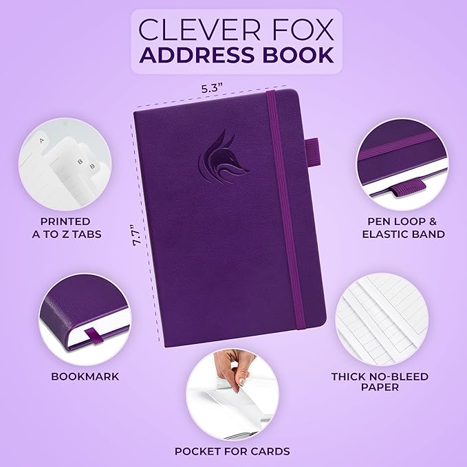 Clever Fox Address Book with alphabetic tabs - PU Leather Telephone and Address Book for Keeping Contacts Safe, Contact Organizer Journal, Medium Size (5.3″ x 7.7″) Hardcover, Purple