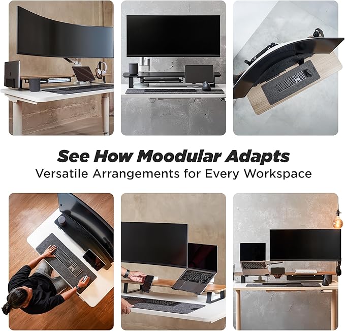 ULTRARM Moodular Wooden Monitor Stand 45.6” (116cm) Large Desk Organizer with Metal Slide Rails for Drawer, Tray, Laptop, Tablet, Phone & Headphones Customizable Riser for Organized Workspace Black
