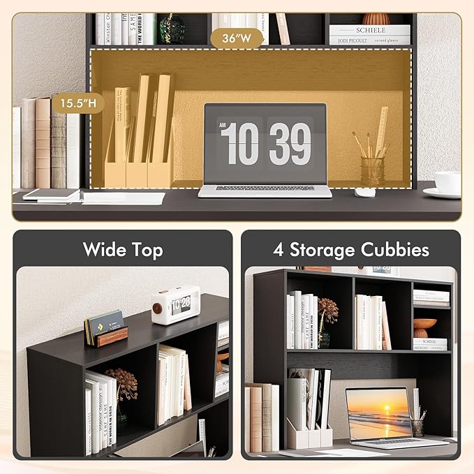Tangkula Desktop Bookshelf, Countertop Storage Hutch with 4 Shelves for Computer Desk, Desktop 2-Tier Display Rack, Multipurpose Wood Desk Hutch Storage Organizer for Dorm Office Home (Black)