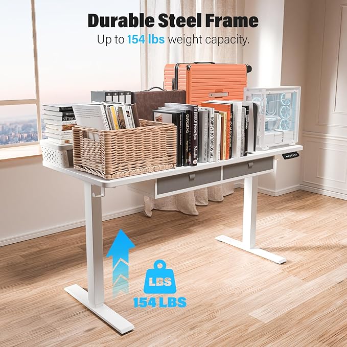 Kingant 48 x 24 Inch Electric Standing Desk with 4 Drawers, Height Adjustable Sit to Stand Computer Desk with Storage Shelf and C-Clamp Mount Compatibility for Home Office, White