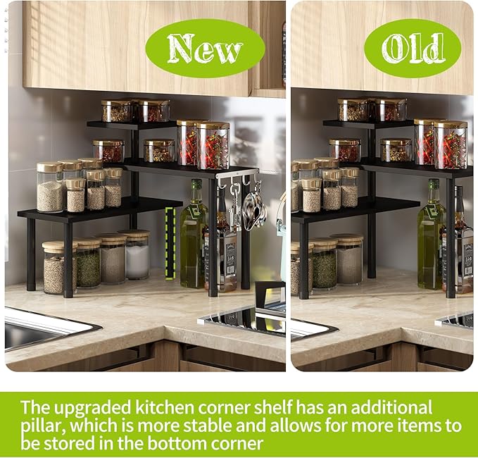 BMOSU Kitchen Corner Shelf Countertop Organizer with Hooks Adjustable Spice Rack Corner Display Rack Shelf Cabinet Counter Shelves(Black)
