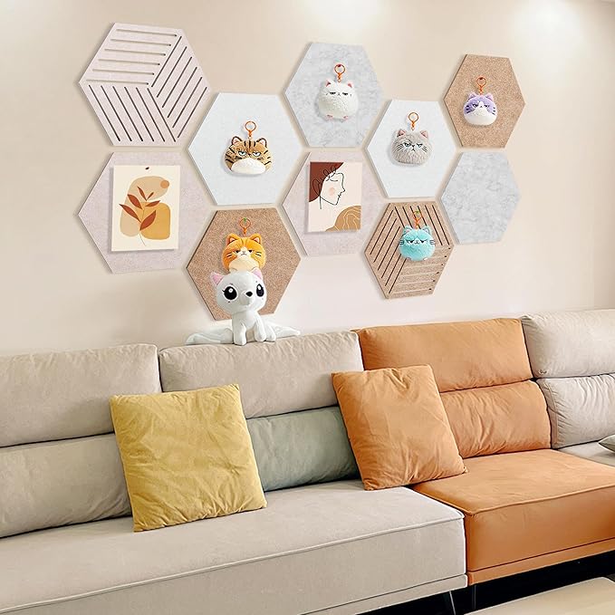 15'' Large Hexagon Cork-Bulletin Board Tiles Adhesive Frameless 10 Pack 15 x 13 inch Hex Pin Corkboard Prayer Vision Cork Board for Office-Wall Decor, Hexagonal Tack Pinboard with 30 Push Pins