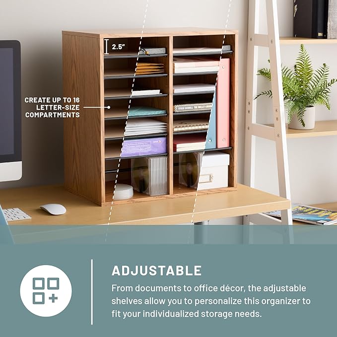 Safco Wood Adjustable Literature Organizer, 16 Compartment with Adjustable Shelves, CDs Storage, and Durable Laminate Finish, for Home Office, Classroom, and Craft Room