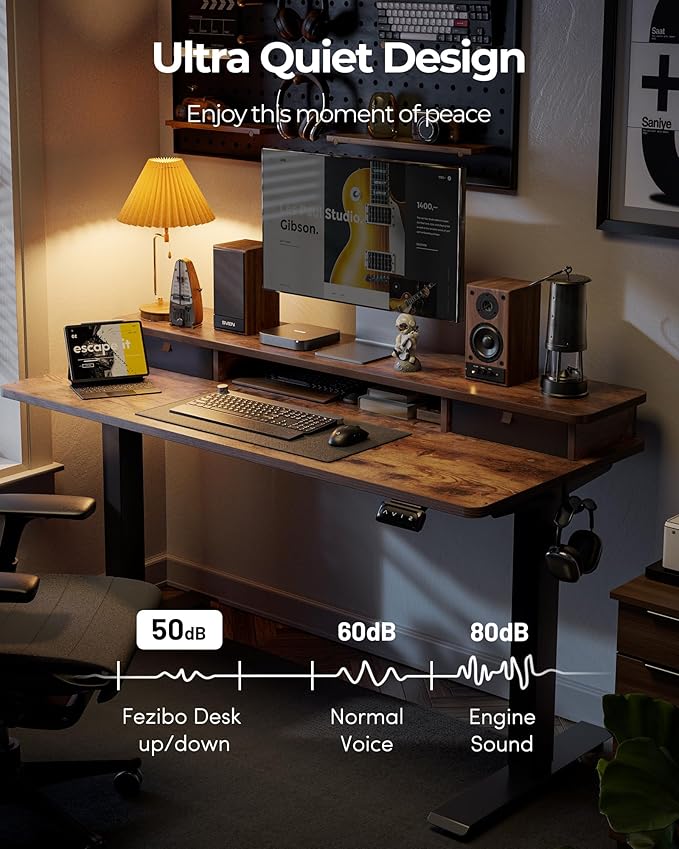 FEZIBO 40 x 24 Inch Height Adjustable Electric Standing Desk with Double Drawer, Stand up Home Office Computer Desk with 4 Height-Adjustable Feets & 2 Hooks, Rustic Brown