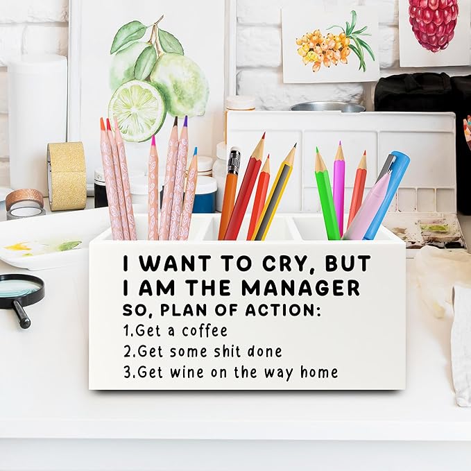 XPH Funny Pen Office Pencil Holder Organizer for Desk, Manager Gifts for Women Men, Funny Coworker Gifts Wooden Box Sign for Home Office Desk Tabletop Decorations