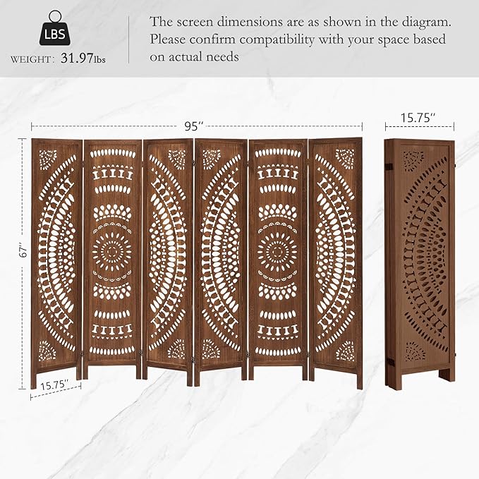 ALeesing 6 Panel Wood Room Divider Fully Assembled, Decorative Room Dividers and Folding Screens, 5.6Ft Room Divider Screen Freestanding Partition Wall Dividers for Home Bedroom Office, Dark Brown