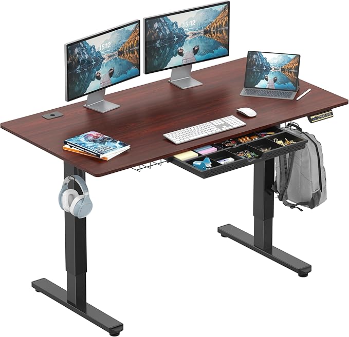 SHW 55 x 28 Inches Electric Height Adjustable Standing Desk with Drawer and Memory Preset, Cherry