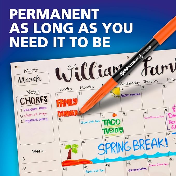 EXPO Wet Erase Markers, Semi-Permanent, Blue, Fine Tip, 12 Count - For Writing on Glass, Whiteboards, Mirrors, Calendar, Labeling, Organizing