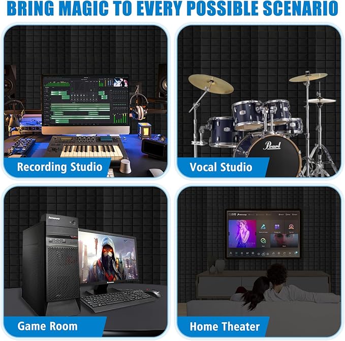4 Pack Acoustic Panels, 48 x 24 x 2" Sound Proof Foam High Density Studio Wedge Tiles Fire Resistant Acoustic Panels for Home,Office, Recording Room, Studio (Black-4 Pack)