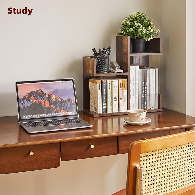 Aibiju Book Display Shelf Small Desk Organizer, Desk Top Storage Organizer, Cookbook Storage Kitchen Counter Shelf, Tabletop Plant Shelf Stand Rustic Brown YD-DSR002H