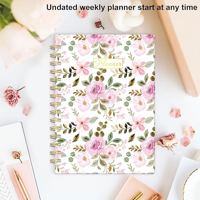 Undated Weekly and Monthly Planner – 12-Month To Do List Notebook Organizer with Goal & Habit Tracker, Monthly Calendar, Spiral Productivity Journal Ideal for Work, School & Home, 6.5" x 8.5", Rose