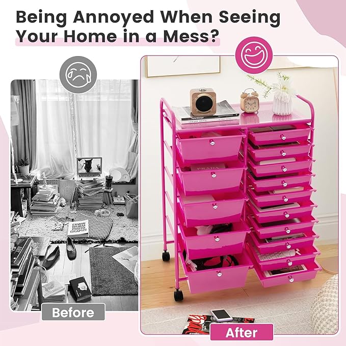 LDAILY 15 Drawer Rolling Storage Cart, Rolling Cart with Drawers for Classroom, Art Supply Craft Organizer on Wheel with Metal Frame & Handles for Home Office School