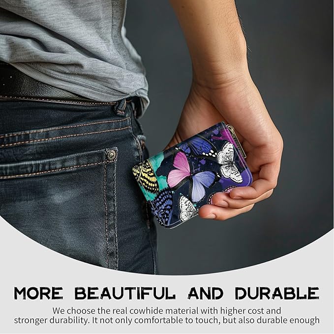 BWEGRHE Cute Credit Card Holder with Zipper, Color Butterfly RFID-Blocking Card Case Small Wallet for Women Men, Multi-slot Card Organizer Case Travel Accordion Wallet
