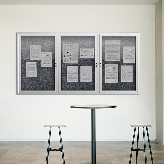 72"x36" Lockable Enclosed Bulletin Board, Outdoor Flet Weather-Resistant Aluminum Frame Notice Board, Wall Mounted Display Case Acrylic Doors for School,Office,Silver Frame w/Grey Flet