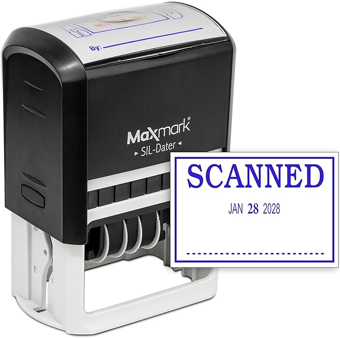 MaxMark Large Self-Inking Rubber Date Office Stamp with Scanned Phrase & Date - Blue Ink, 12-Year Band - Style 3