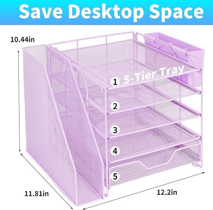 Gugsey Desk Organizer, 5-Tier Paper Letter Tray Organizer with File Holder, Drawer and Pen Holder, Desktop Organizer for Office Supplies, Purple