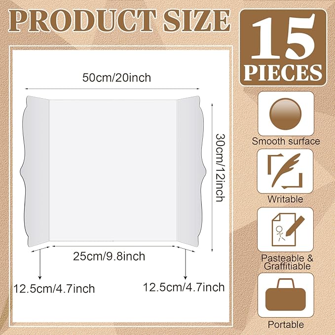 15 Pcs Trifold Presentation Board 12 x 20 Inch Trifold Poster Board Portable Science Fair Display Cardboard Foldable Posterboard for Photo Exhibition Meeting School(White)