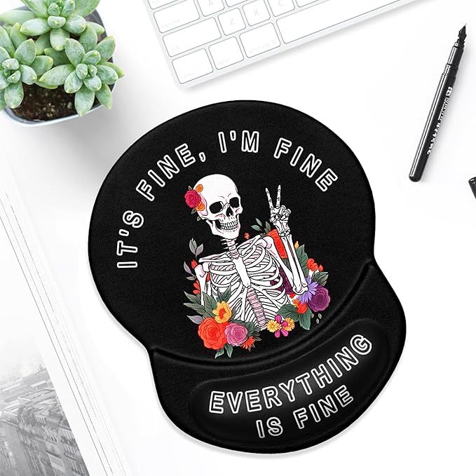 ITNRSIIET Ergonomic Mouse Pad with Gel Wrist Support Small Wrist Rest Smooth Surface Non-Slip PU Base Comfortable Office Supplies Pain Relief, 8.7 x 7.2 inches, Flower Skull
