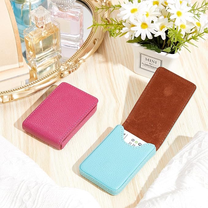 Outus 2 Pieces Business Card Holder, PU Leather Business Card Case Pocket Wallet with Magnetic Shut for Valentines Gift Men Women(Pink and Green,Classic)
