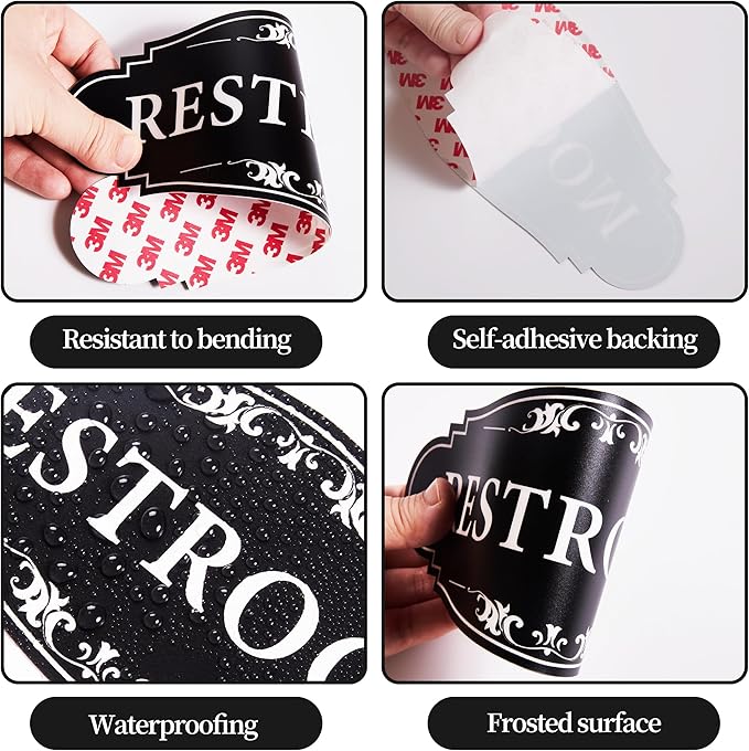 Restroom Sign for Business and Home，Self-adhesive Unisex Bathroom Sign Sticker，Waterproof Vinyl Toilet Decor for House，Office，Shop，Door（Black）