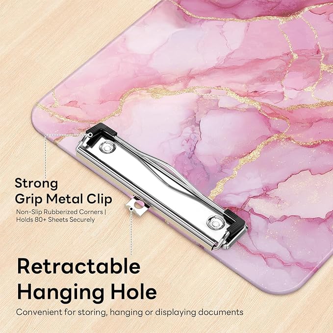 Luminzo Plastic Cute Clipboard Low-Profile Metal Clip, A4 Letter Size 9 x 12.5 in, 8.5 x 11 Paper Clip Board for Teachers, Nurses, Classroom,Pink Marble