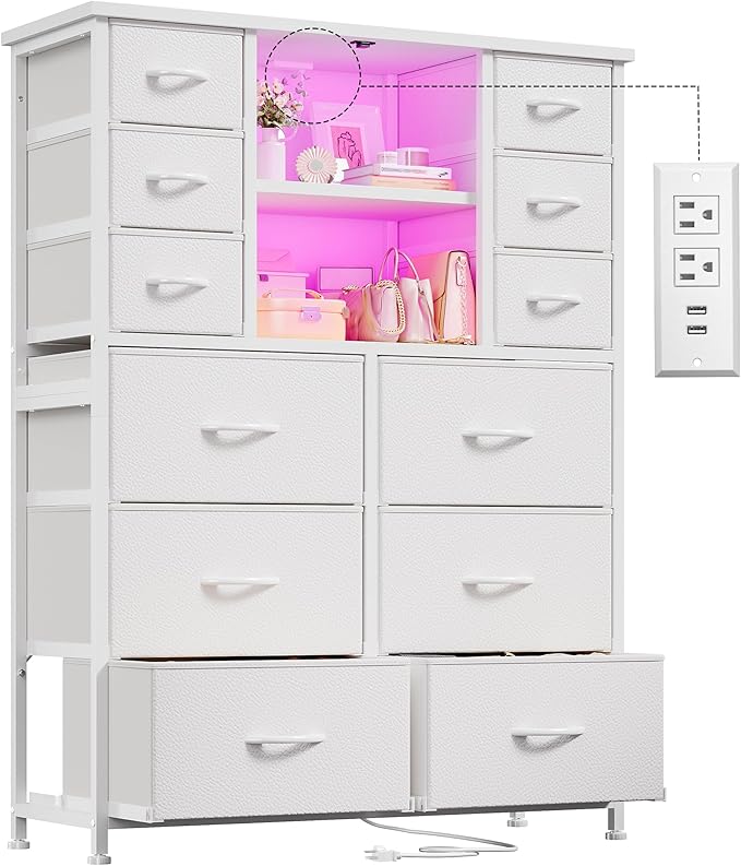 EnHomee Dresser for Bedroom with Drawers, Charging Station & LED Light, Large White Dresser for Hallway, Living Room, Entryway, Wooden Top, Metal Frame, 50.6" H x 37.8" W x 11.8" D