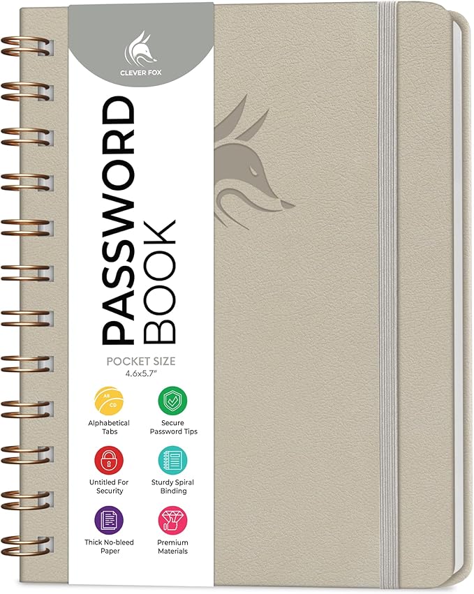 Clever Fox Password Book Spiral – Mini Internet Address & Password Organizer with Laminated Alphabetical Tabs – Small Password Keeper Journal – Hardcover, Pocket Size, 4.7x5.7” (Foggy Alps)