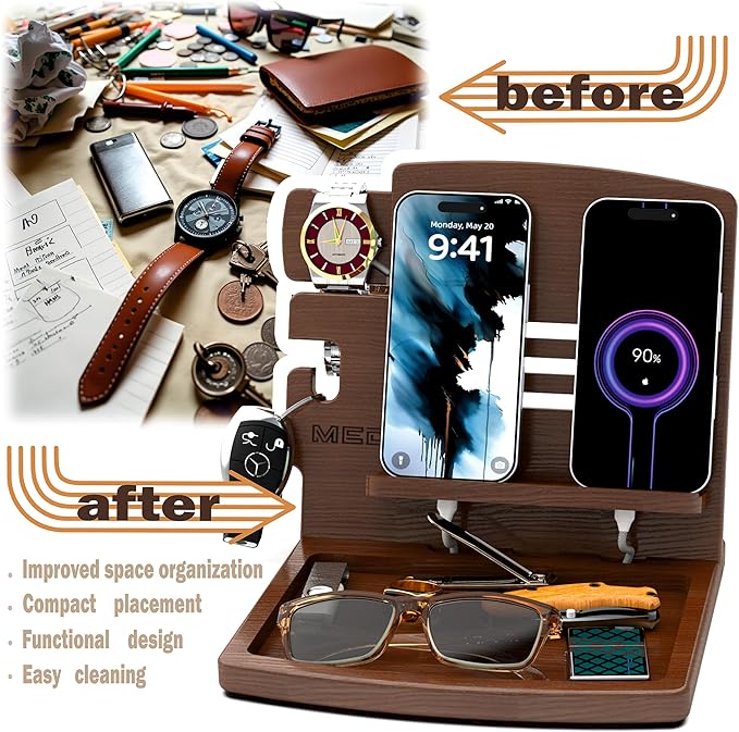 MED Wood Phone Docking Station – Nightstand Desk Organizer for Phone, Watch, Wallet & Tablet – Gift for Men, Husband, Dad & Women – Wooden Charging Stand with Key Holder (Dark Walnut, Model 1)